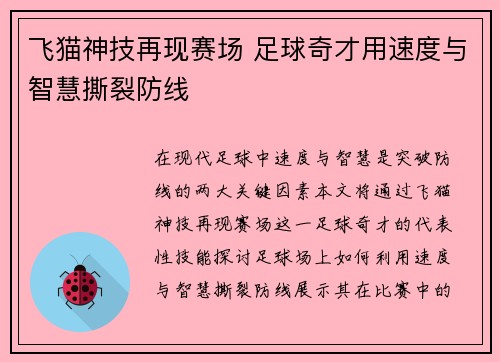 飞猫神技再现赛场 足球奇才用速度与智慧撕裂防线