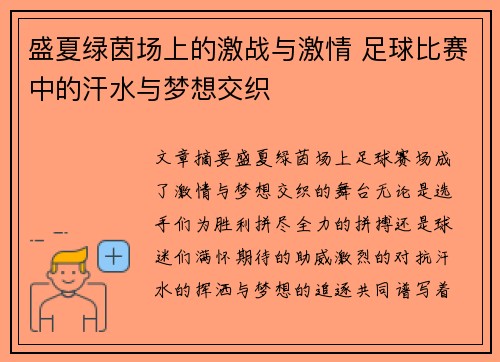 盛夏绿茵场上的激战与激情 足球比赛中的汗水与梦想交织