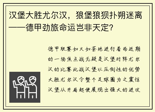 汉堡大胜尤尔汉，狼堡狼狈扑朔迷离——德甲劲旅命运岂非天定？