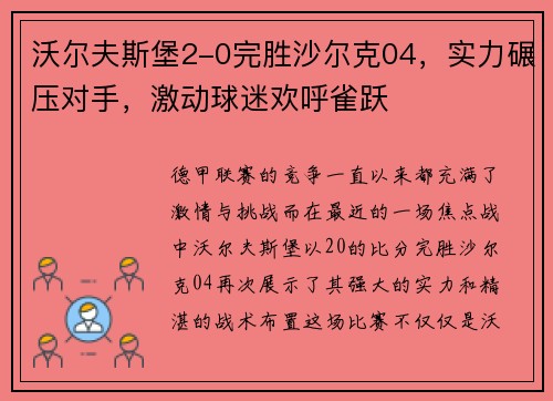 沃尔夫斯堡2-0完胜沙尔克04，实力碾压对手，激动球迷欢呼雀跃