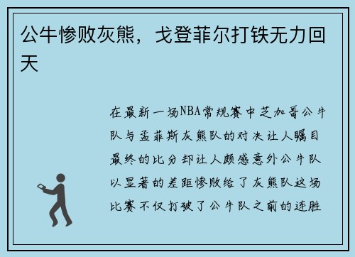 公牛惨败灰熊，戈登菲尔打铁无力回天