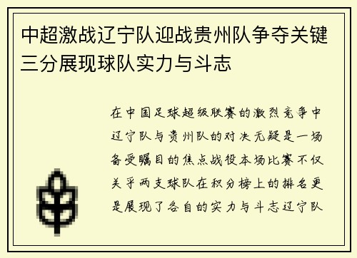 中超激战辽宁队迎战贵州队争夺关键三分展现球队实力与斗志
