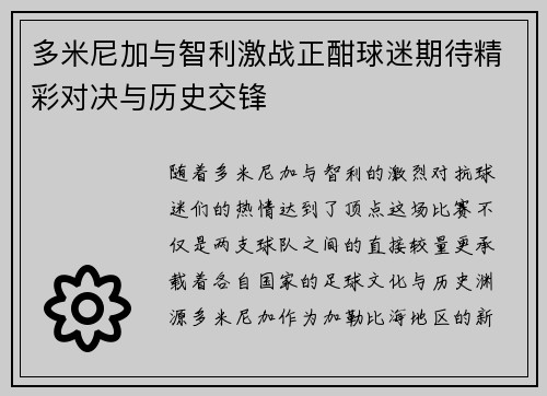 多米尼加与智利激战正酣球迷期待精彩对决与历史交锋