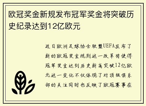 欧冠奖金新规发布冠军奖金将突破历史纪录达到12亿欧元