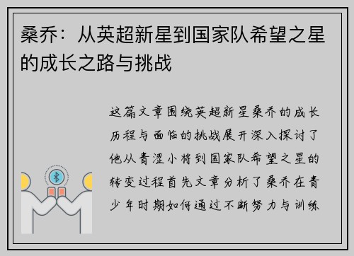 桑乔：从英超新星到国家队希望之星的成长之路与挑战