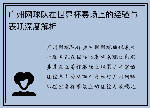 广州网球队在世界杯赛场上的经验与表现深度解析
